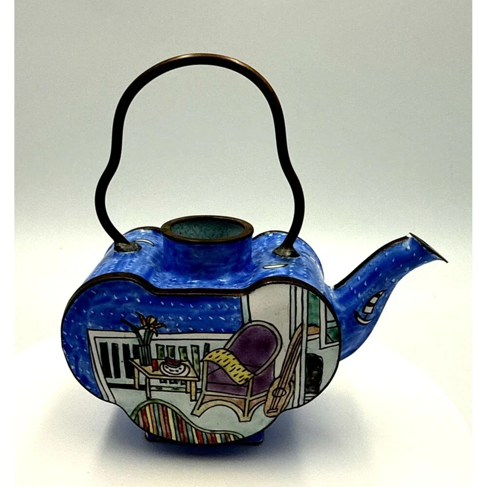 Vintage 1997 Empress Arts Ltd Miniature Enamel Teapot - Balcony Room Scene Theme